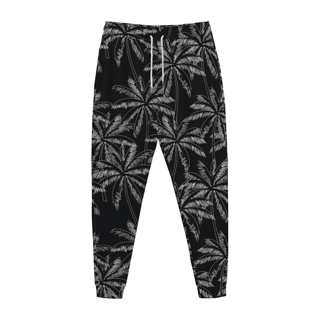 Black White Palm Tree Pattern Print Jogger Pants