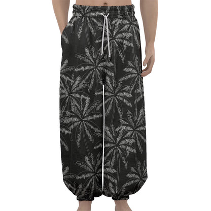 Black White Palm Tree Pattern Print Lantern Pants