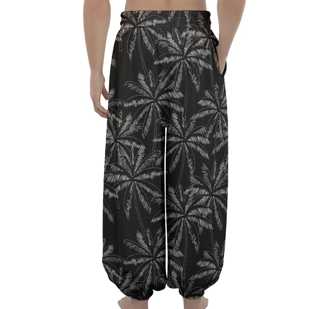 Black White Palm Tree Pattern Print Lantern Pants