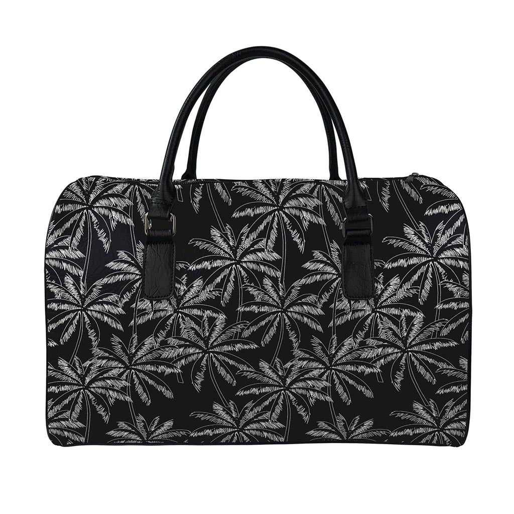 Black White Palm Tree Pattern Print Leather Duffle Bag