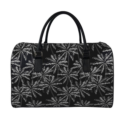 Black White Palm Tree Pattern Print Leather Duffle Bag