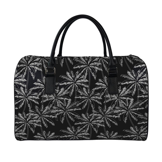 Black White Palm Tree Pattern Print Leather Duffle Bag