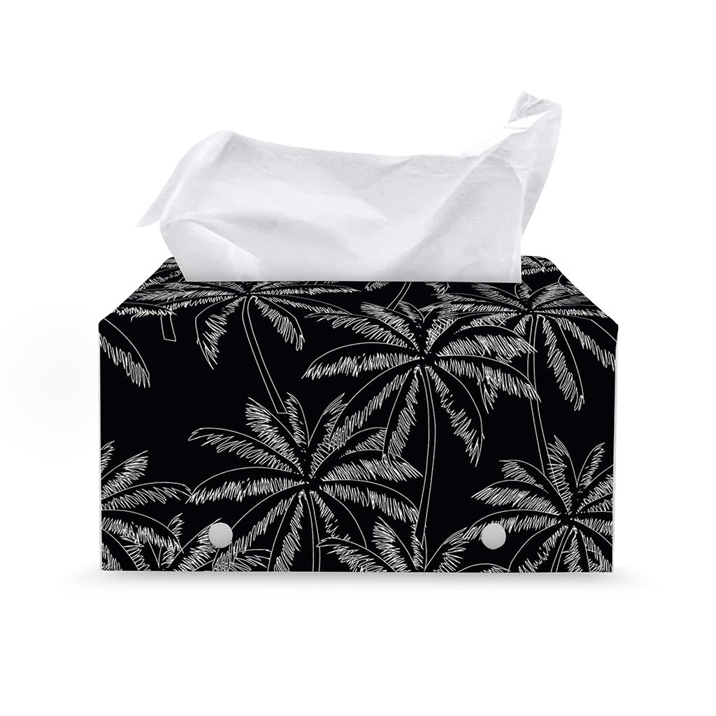 Black White Palm Tree Pattern Print Leather Tissue Box Cover