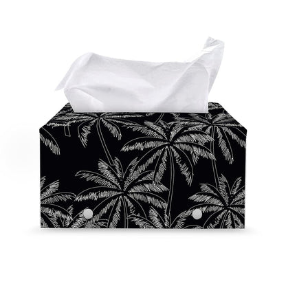 Black White Palm Tree Pattern Print Leather Tissue Box Cover