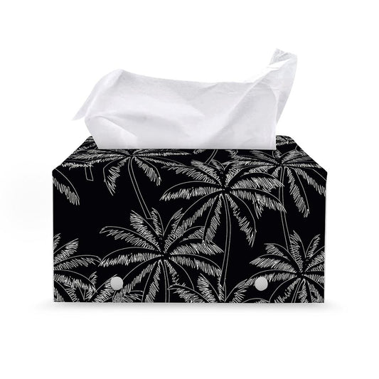 Black White Palm Tree Pattern Print Leather Tissue Box Cover