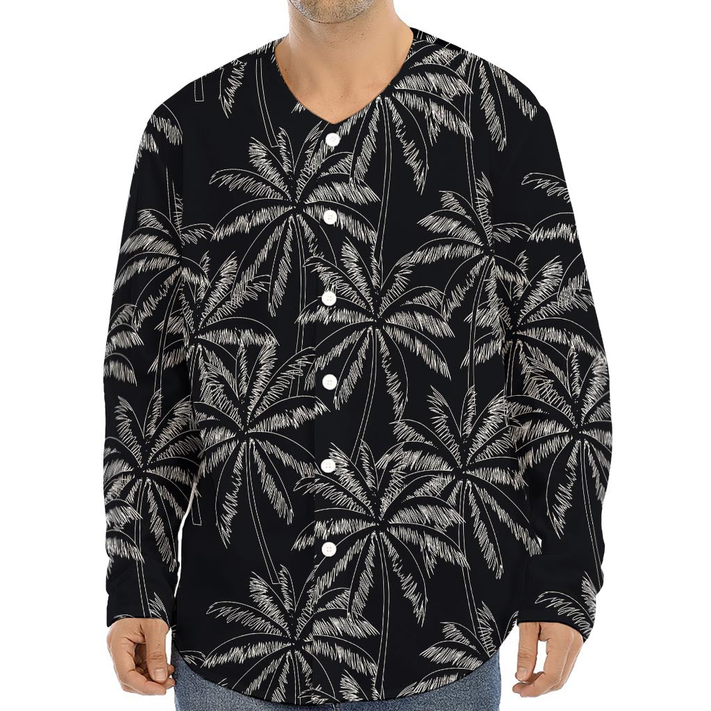 Black White Palm Tree Pattern Print Long Sleeve Baseball Jersey