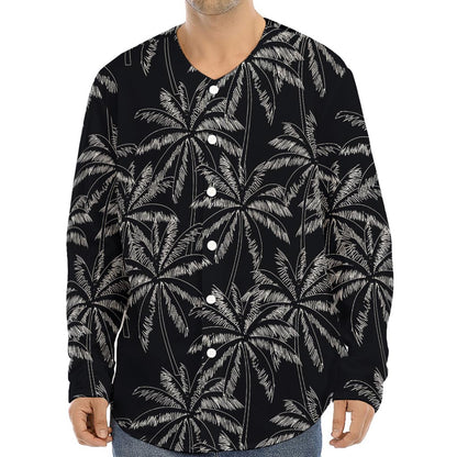 Black White Palm Tree Pattern Print Long Sleeve Baseball Jersey