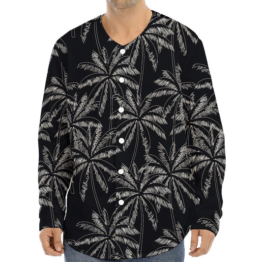 Black White Palm Tree Pattern Print Long Sleeve Baseball Jersey