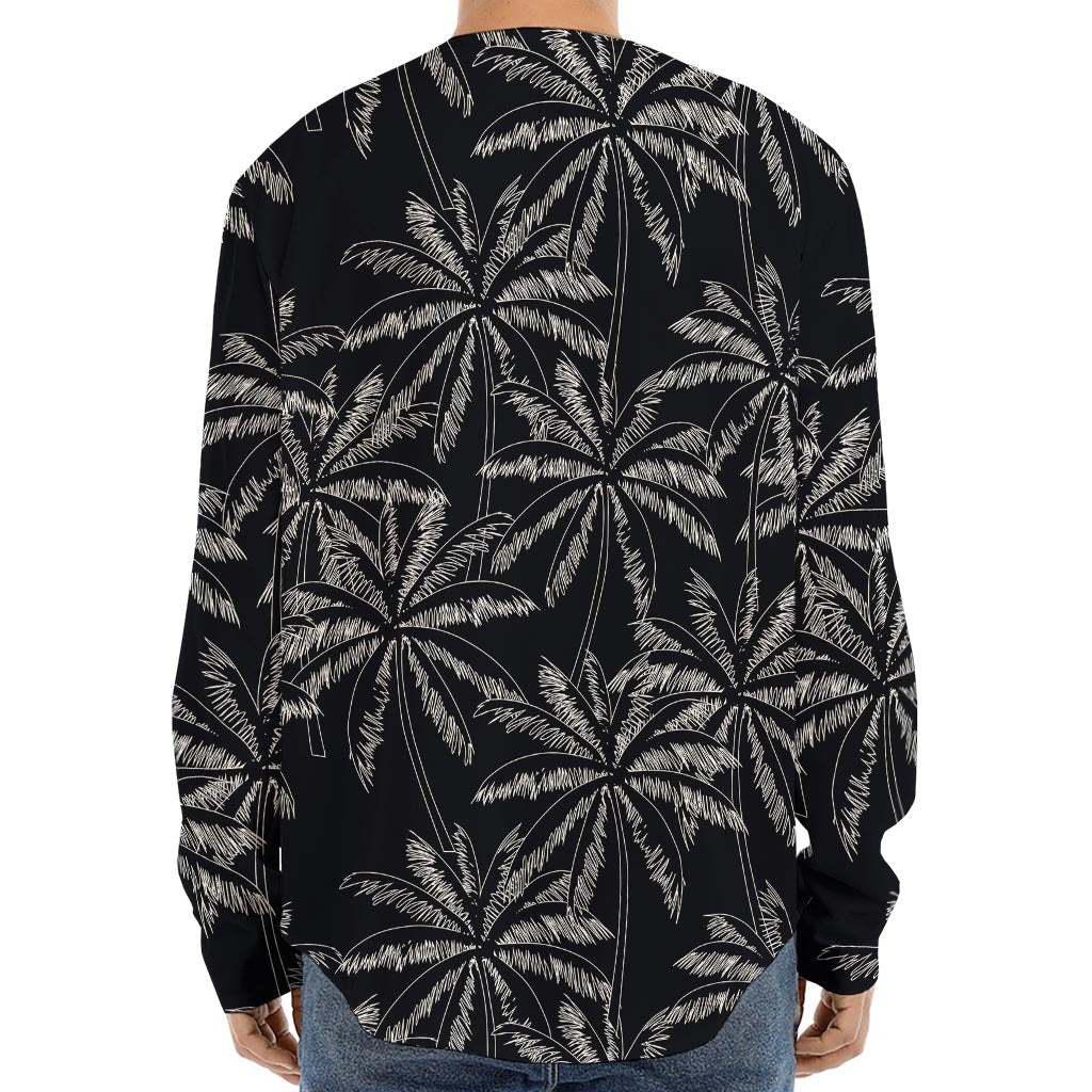 Black White Palm Tree Pattern Print Long Sleeve Baseball Jersey