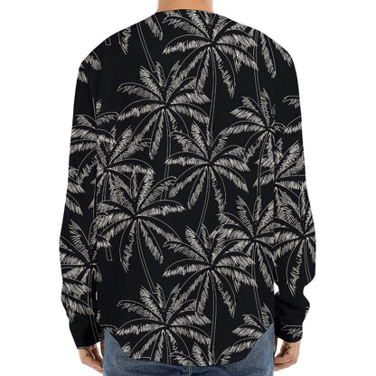 Black White Palm Tree Pattern Print Long Sleeve Baseball Jersey