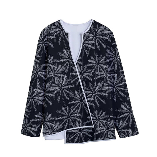Black White Palm Tree Pattern Print Long Sleeve Short Coat