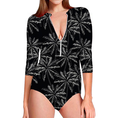 Black White Palm Tree Pattern Print Long Sleeve Swimsuit