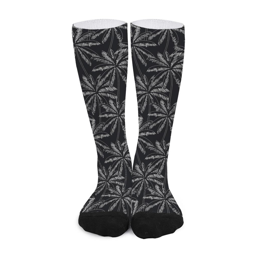 Black White Palm Tree Pattern Print Long Socks