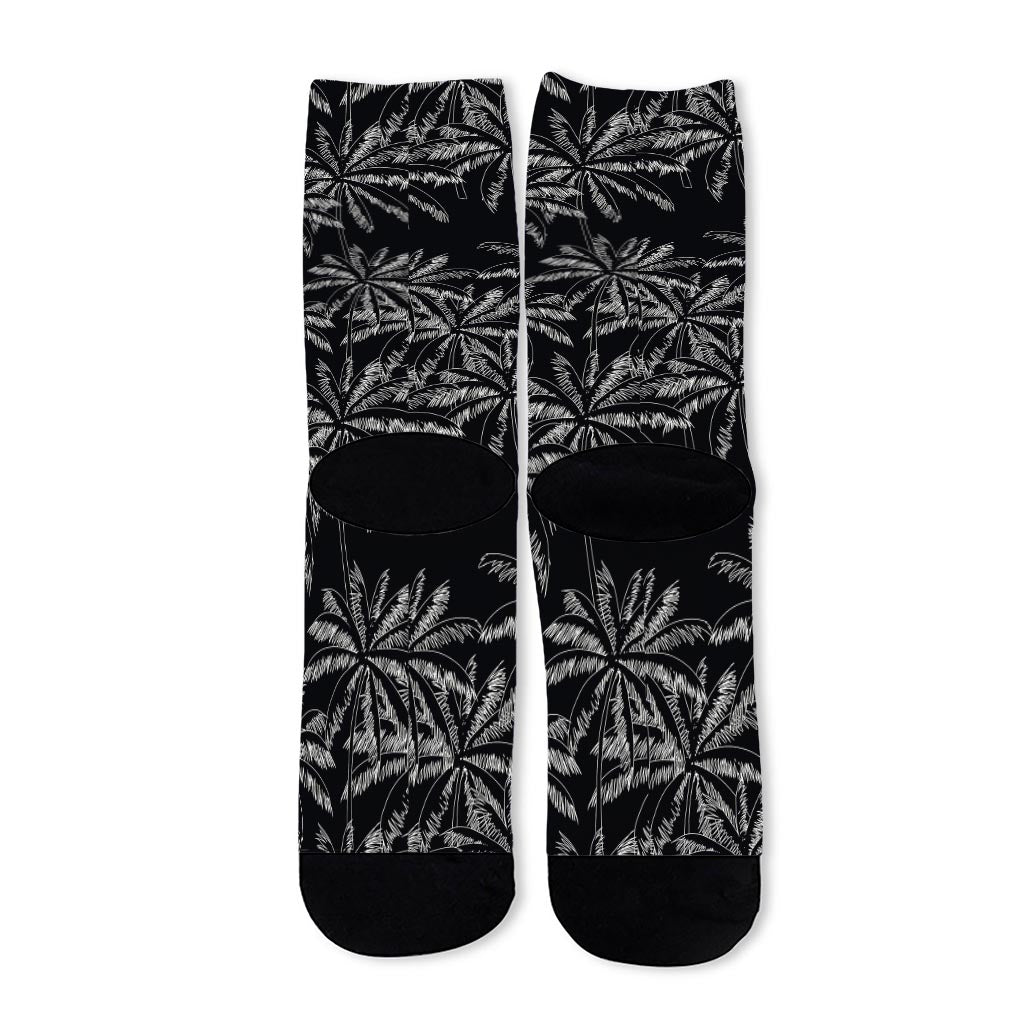 Black White Palm Tree Pattern Print Long Socks