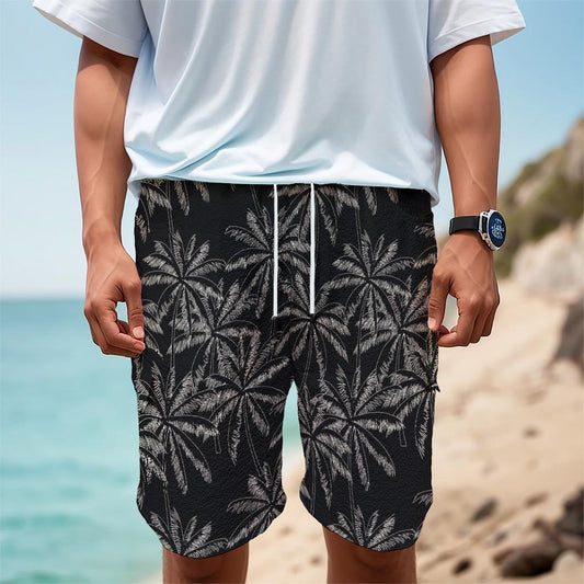 Black White Palm Tree Pattern Print Men's Cargo Shorts
