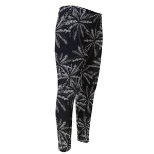 Black White Palm Tree Pattern Print Men's Compression Pants