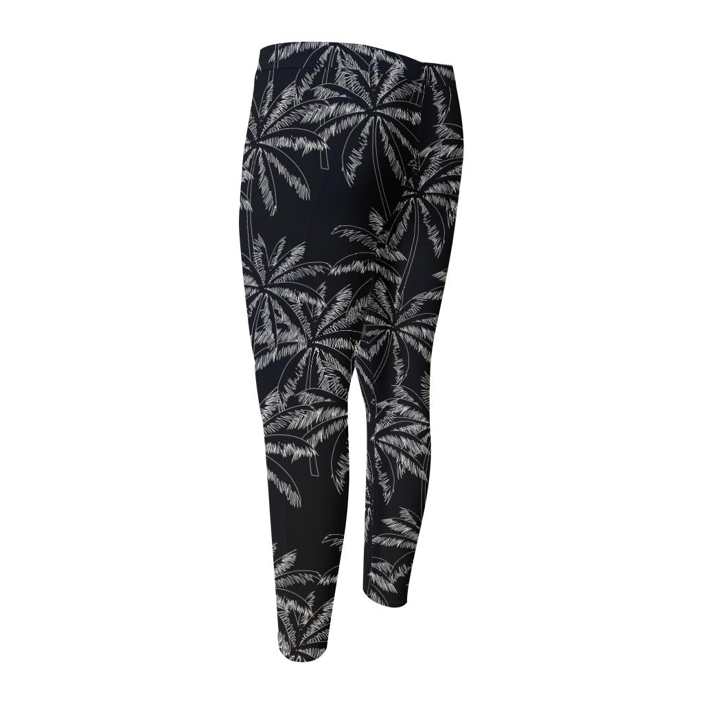 Black White Palm Tree Pattern Print Men's Compression Pants