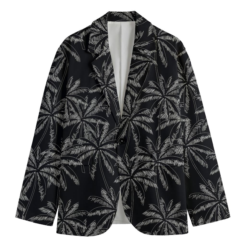 Black White Palm Tree Pattern Print Men's Cotton Blazer