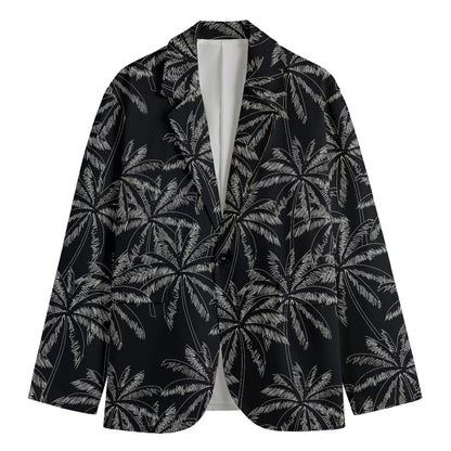 Black White Palm Tree Pattern Print Men's Cotton Blazer