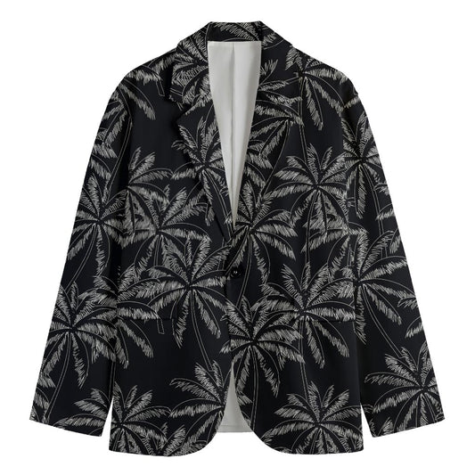 Black White Palm Tree Pattern Print Men's Cotton Blazer