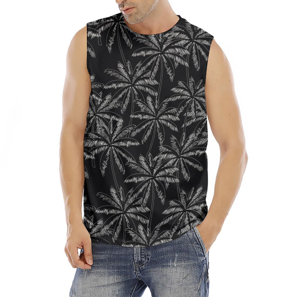 Black White Palm Tree Pattern Print Men's Fitness Tank Top