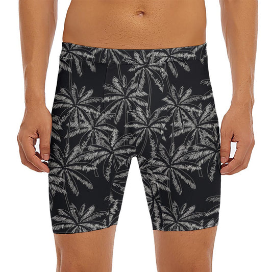 Black White Palm Tree Pattern Print Men's Long Boxer Briefs