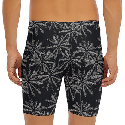 Black White Palm Tree Pattern Print Men's Long Boxer Briefs