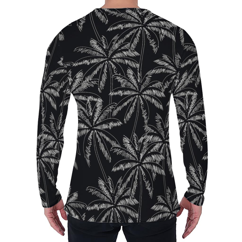 Black White Palm Tree Pattern Print Men's Long Sleeve T-Shirt