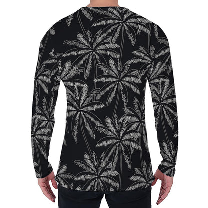 Black White Palm Tree Pattern Print Men's Long Sleeve T-Shirt