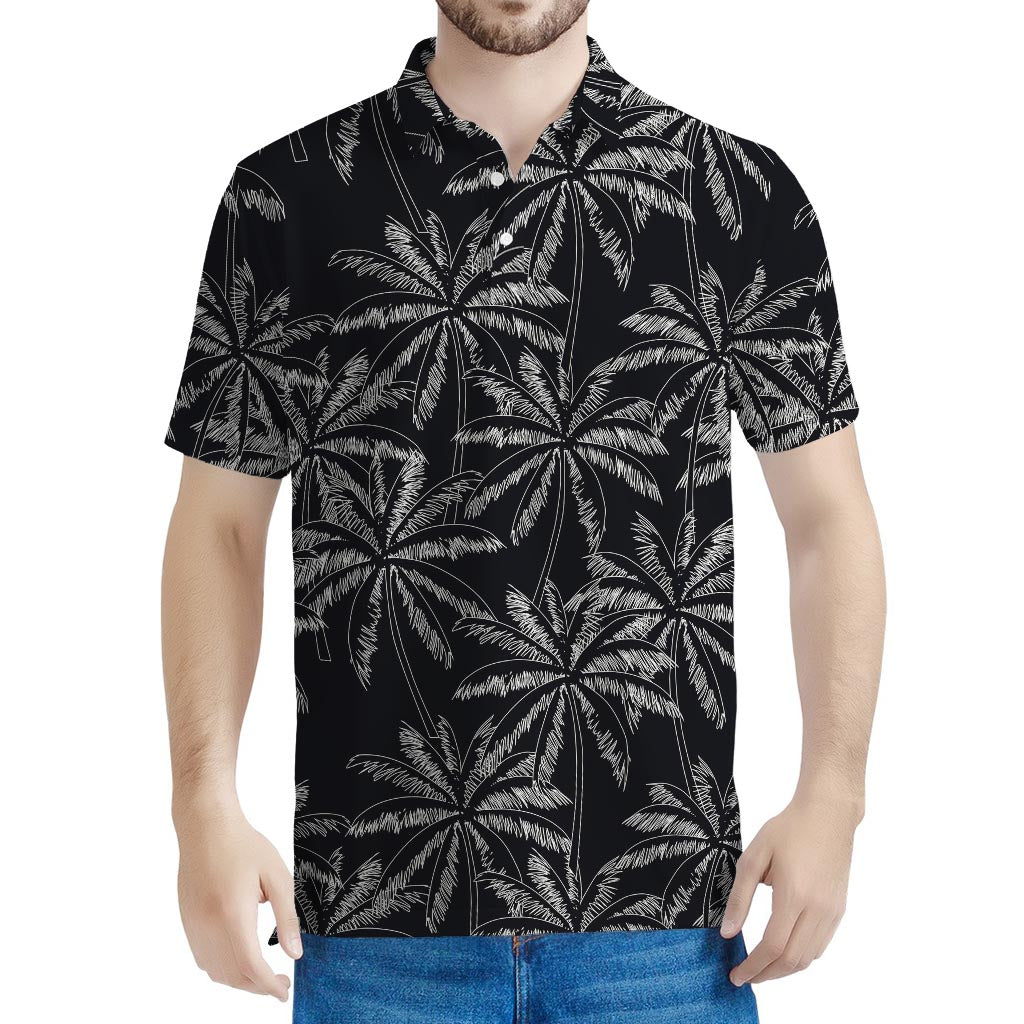 Black White Palm Tree Pattern Print Men's Polo Shirt