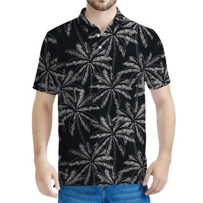 Black White Palm Tree Pattern Print Men's Polo Shirt