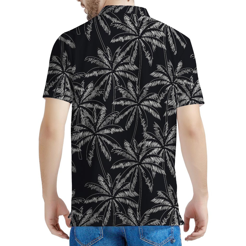 Black White Palm Tree Pattern Print Men's Polo Shirt