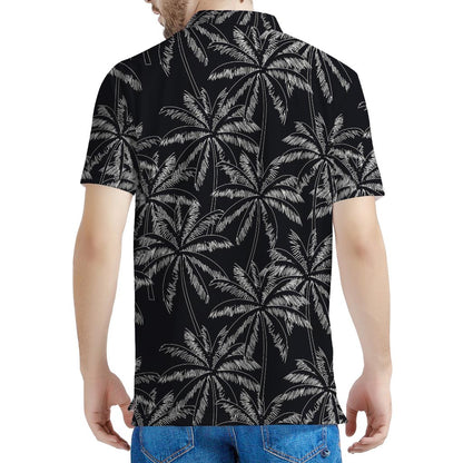 Black White Palm Tree Pattern Print Men's Polo Shirt
