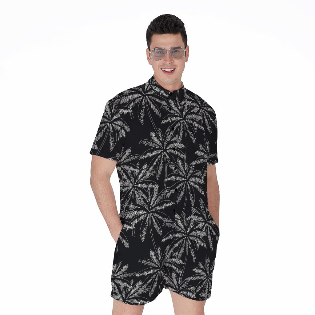 Black White Palm Tree Pattern Print Men's Rompers