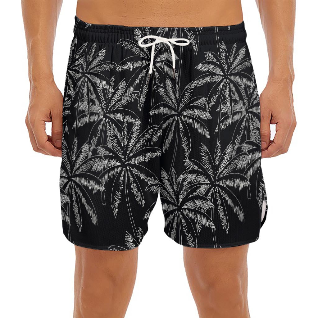 Black White Palm Tree Pattern Print Men's Split Running Shorts