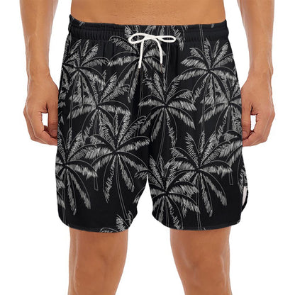 Black White Palm Tree Pattern Print Men's Split Running Shorts
