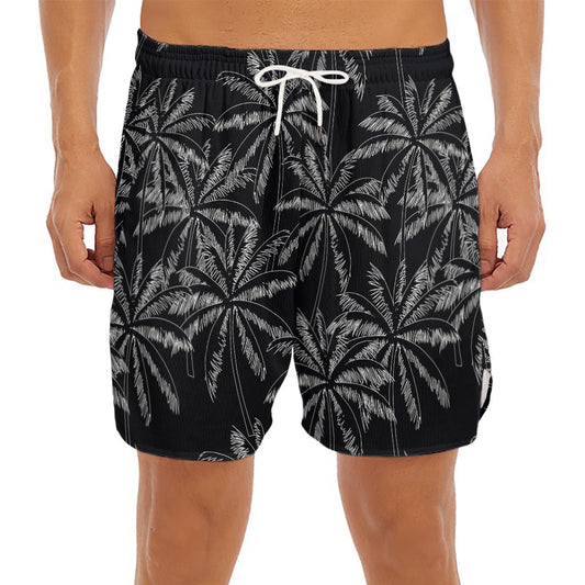 Black White Palm Tree Pattern Print Men's Split Running Shorts