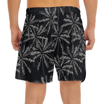 Black White Palm Tree Pattern Print Men's Split Running Shorts