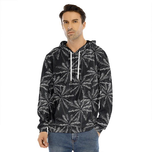 Black White Palm Tree Pattern Print Men's Velvet Pullover Hoodie