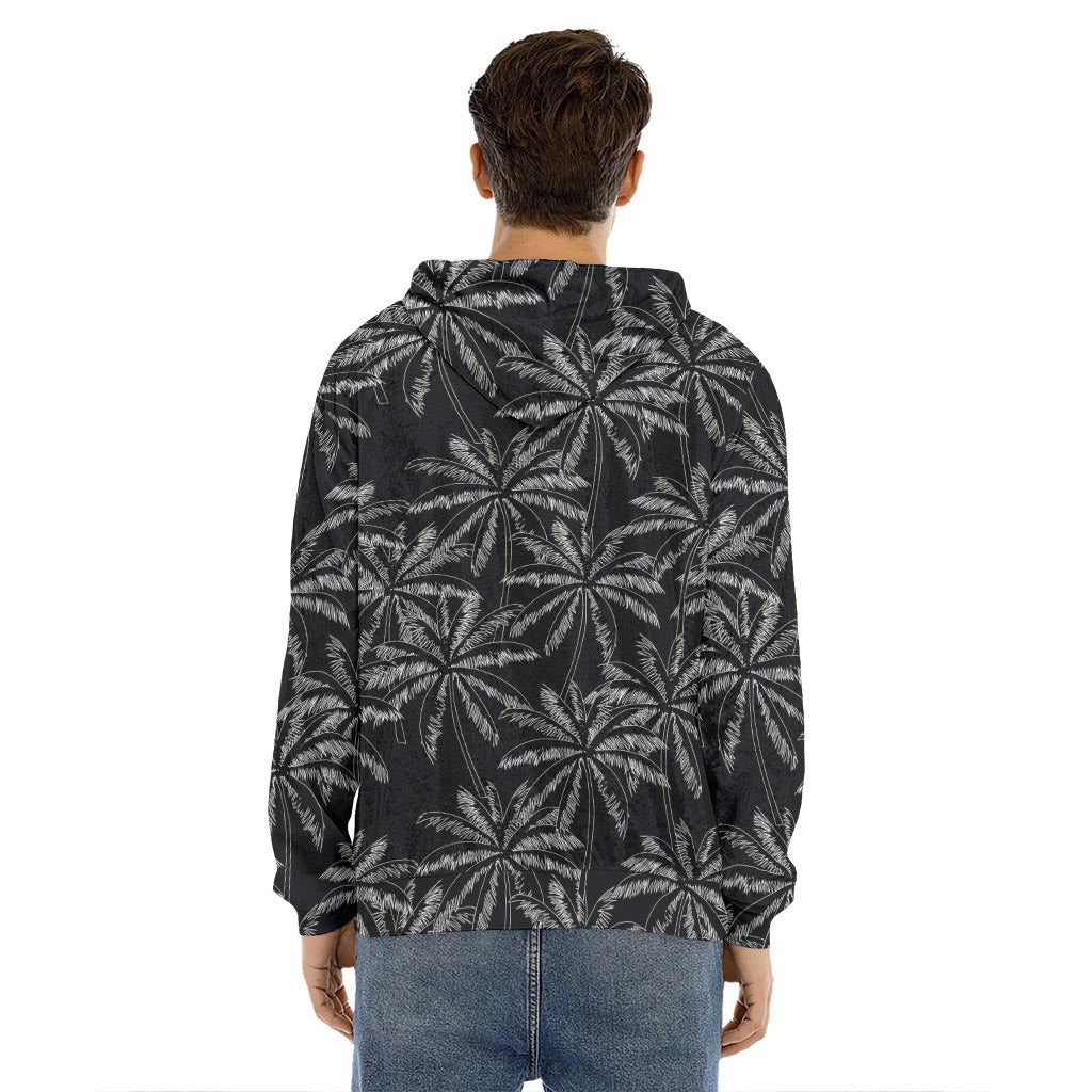 Black White Palm Tree Pattern Print Men's Velvet Pullover Hoodie