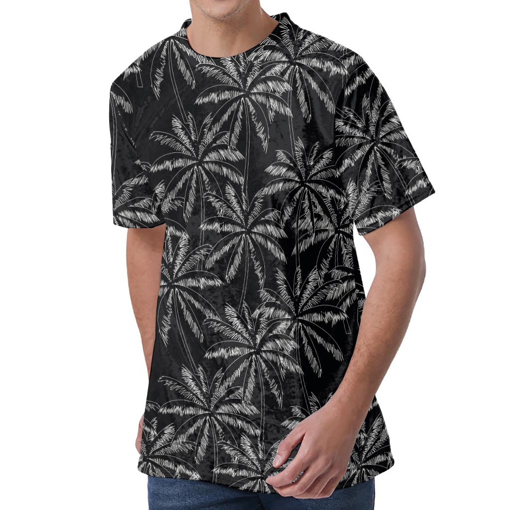 Black White Palm Tree Pattern Print Men's Velvet T-Shirt
