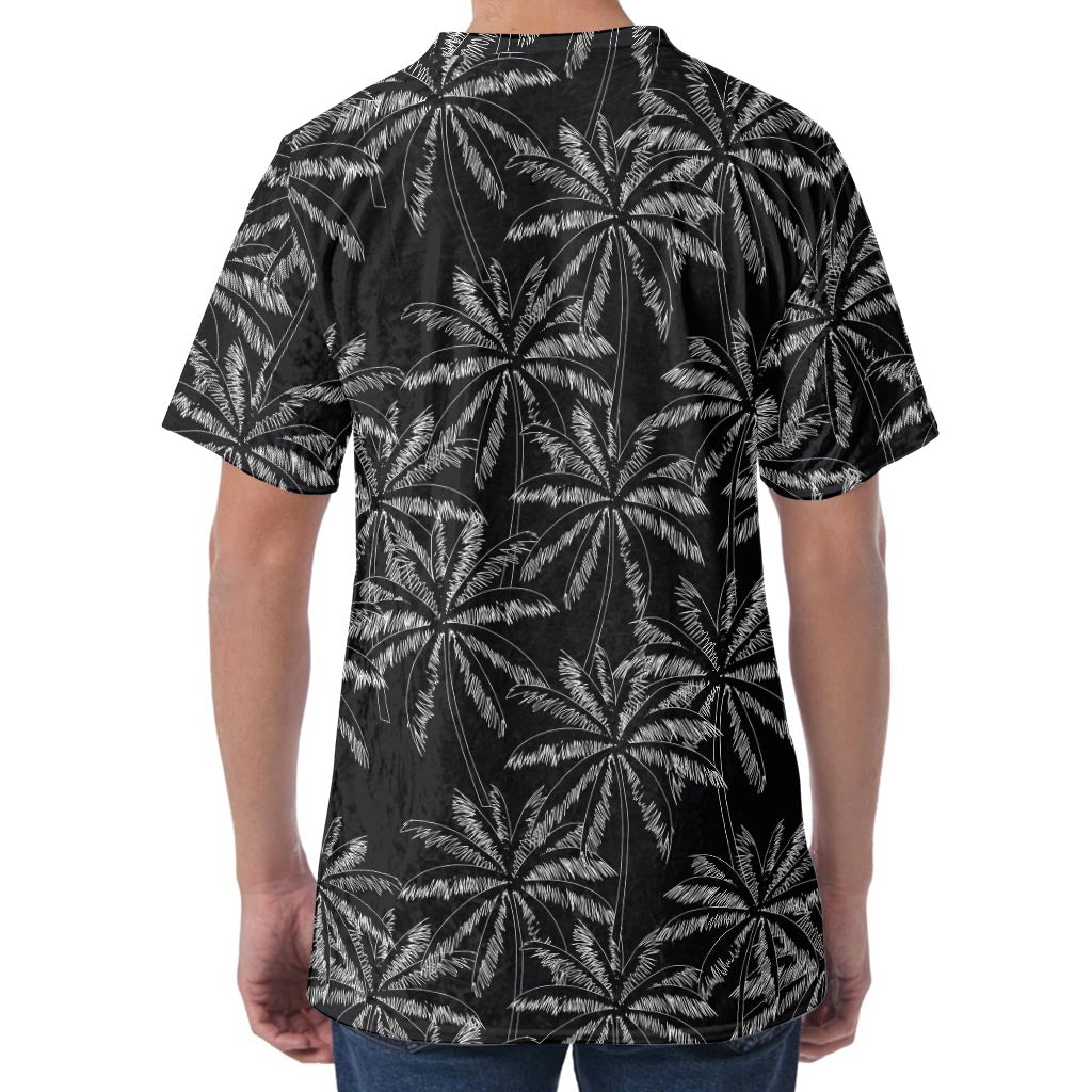 Black White Palm Tree Pattern Print Men's Velvet T-Shirt