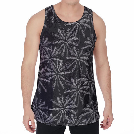 Black White Palm Tree Pattern Print Men's Velvet Tank Top
