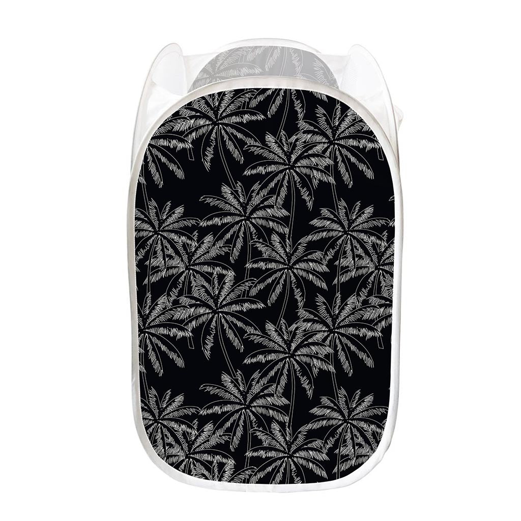 Black White Palm Tree Pattern Print Mesh Laundry Hamper