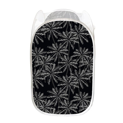 Black White Palm Tree Pattern Print Mesh Laundry Hamper