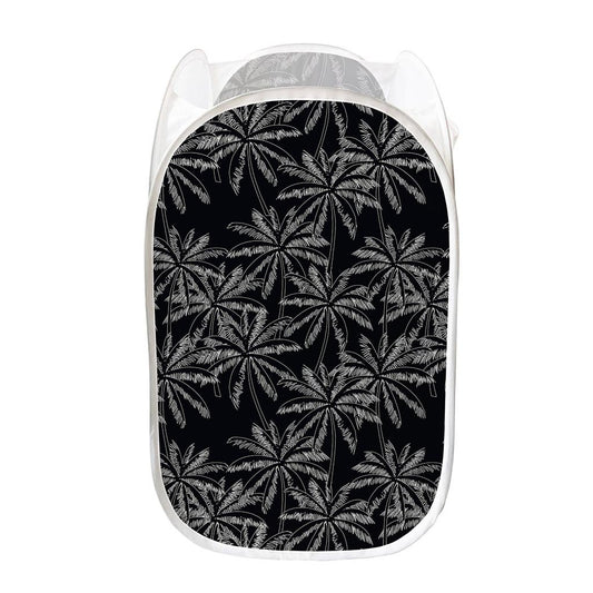 Black White Palm Tree Pattern Print Mesh Laundry Hamper