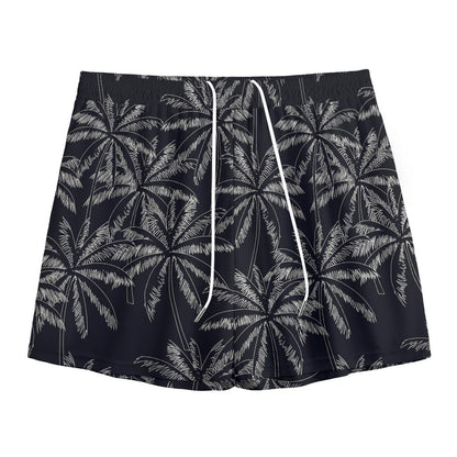 Black White Palm Tree Pattern Print Mesh Shorts