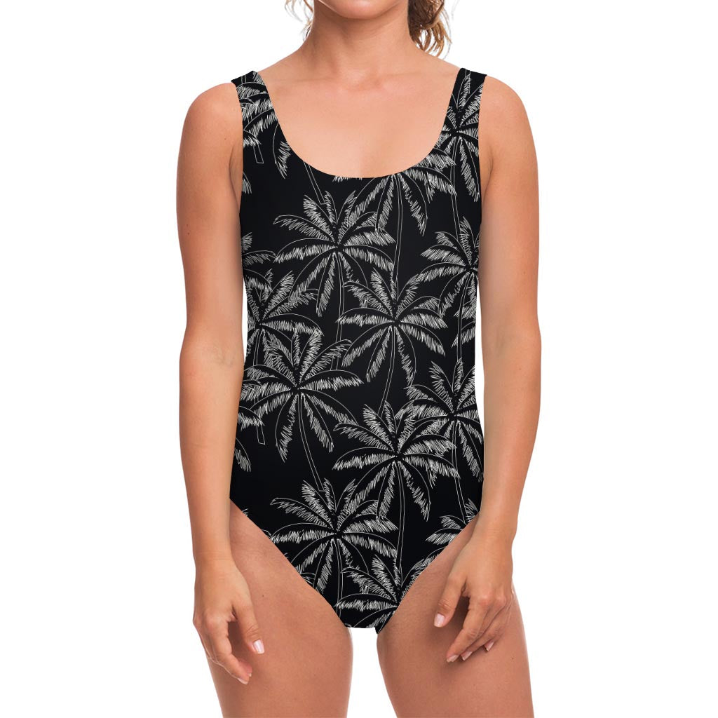 Black White Palm Tree Pattern Print One Piece Swimsuit