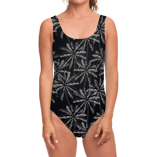 Black White Palm Tree Pattern Print One Piece Swimsuit