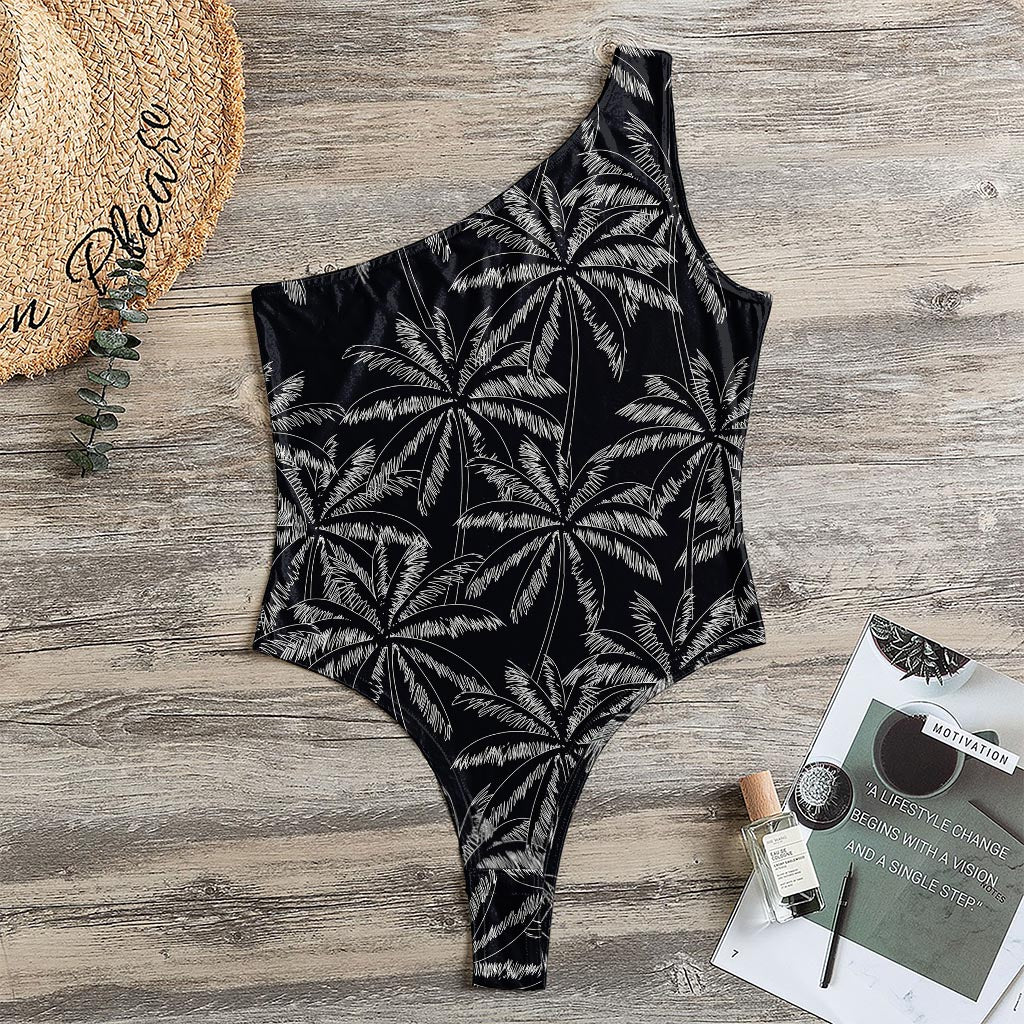 Black White Palm Tree Pattern Print One Shoulder Bodysuit